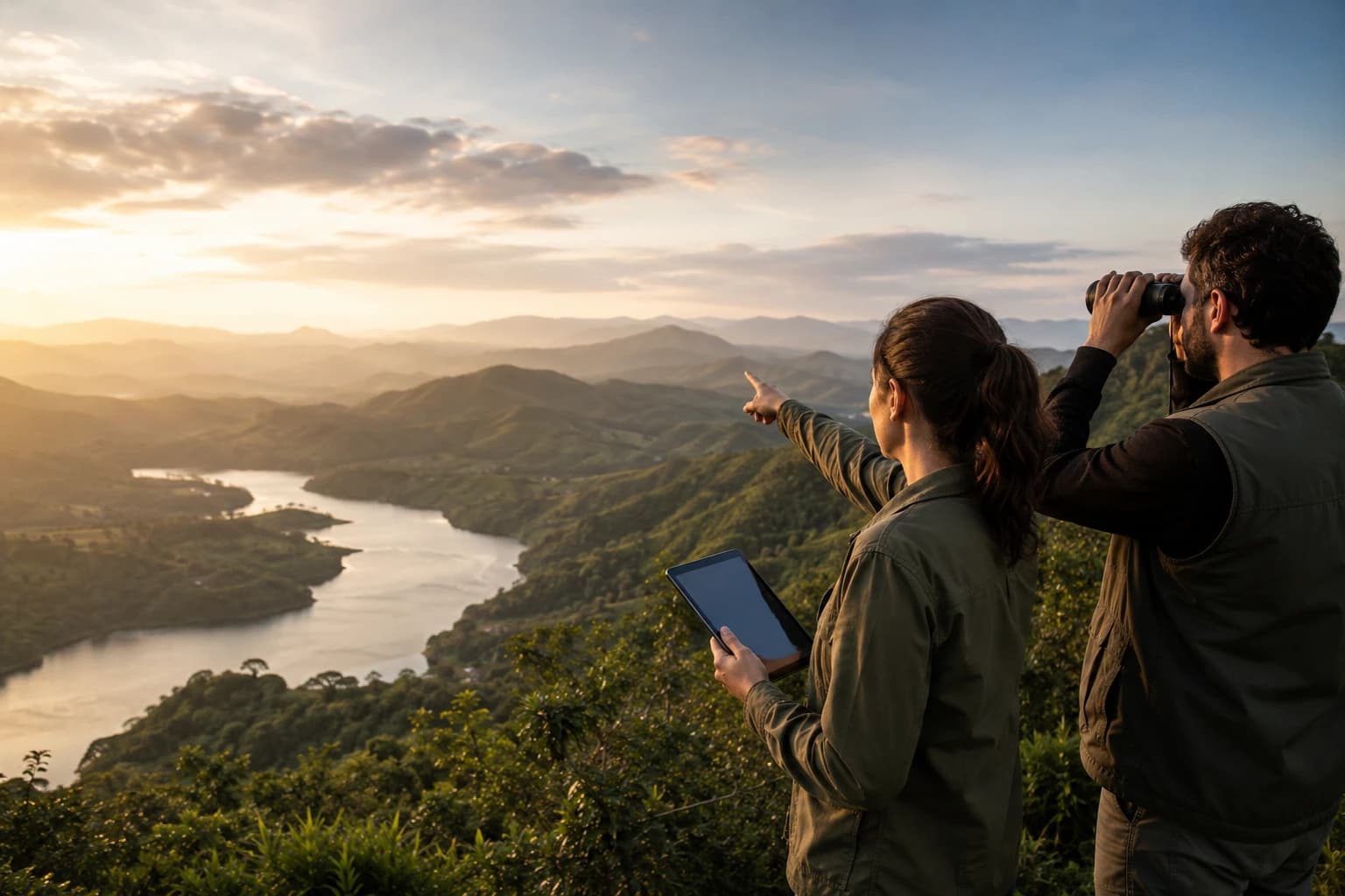 Equipe técnica observando uma paisagem de recursos hídricos