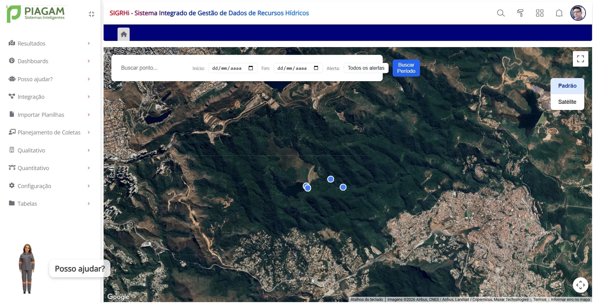 Painel geoespacial do SIGRHi com pontos de monitoramento